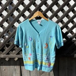 Vintage Breckenridge Sea Life Embroidered Cardigan | Fish Seahorse Knit Top
